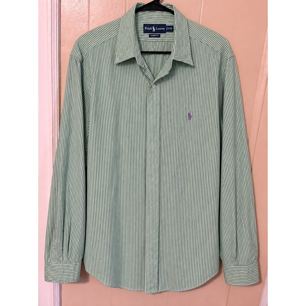 Ralph Lauren Mens XXL Classic Fit Green Striped Button Down Shirt Purple Pony